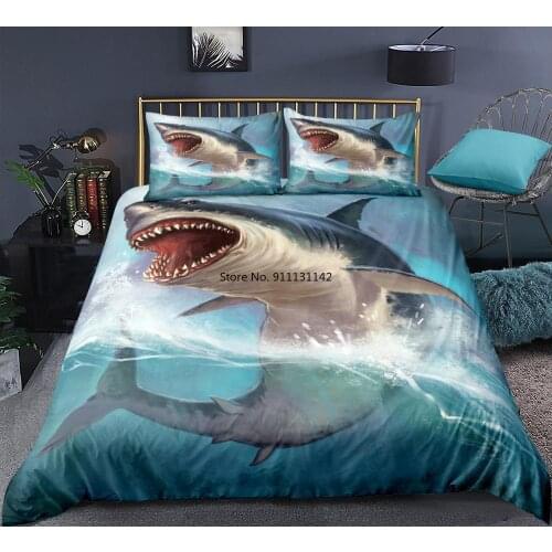 3D Shark Boy Bedding Set Ocean Animal duvet cover set Queen Ocean Fish Bed Set Blue Shark Bed Line King Home Textiles