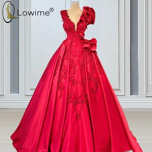 Red V Neck Pearls Evening Dresses 2021 A Line Ruffles Satin Wedding Party Gowns Robes De Soirée