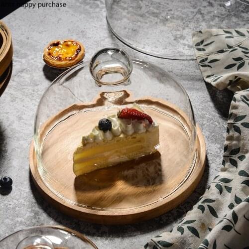 Round Wooden Cake Pan Transparent Glass Cover Display Stand Cake Stand Decorative Tray Home Afternoon Tea Snack Dessert Plate