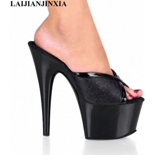 LAIJIANJINXIA Summer 7 Inch Open Toe Slippers With Bright Glitter Shoes 17cm Ultra High Heels Slippers Sexy Lady Party Shoes