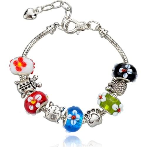 MELIHE European Multicolor Flower Glass Bead Diy Bracelet For Women Snake Chain Bracelets & Bangles Jewelry SBR140412