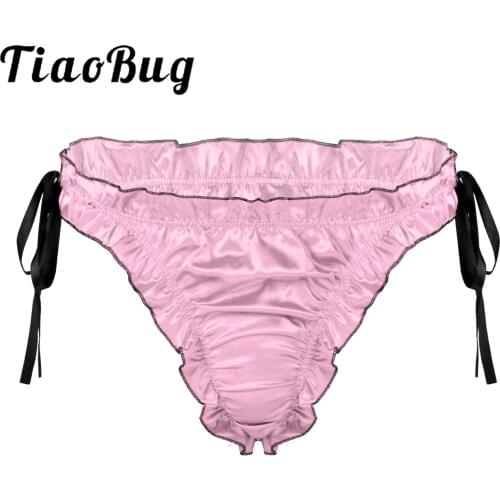 Mens Pleated Lace-up Trim Ruffles Bottom Underwear Sissy Gay Panties Low Rise Elastic Waistband Satin Briefs Erotic Lingerie