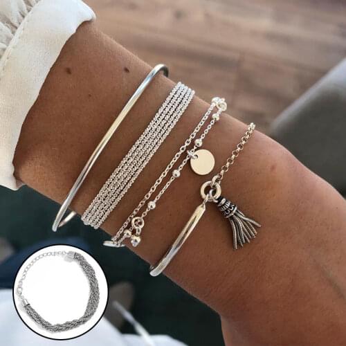 4 Pcs/Set Bohemian Silver Color Tassel Round Bracelet Set for Women Multilayer Pendant Bracelet Fashion Hand Chain Jewelry 2020