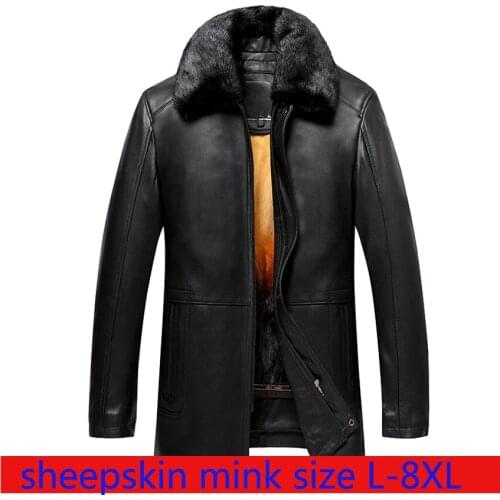 New super large High Quality Thick Warm Male Sheep Skin Leather Fur Overcome Inner Liner Mink Turn-down Collar Plus Size L-7X8XL