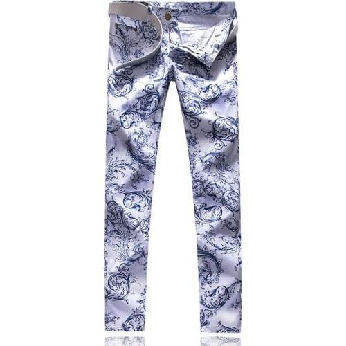 New Mens male fashion blue and white porcelain pattern print jeans Slim stretch denim pencil pants Long trousers