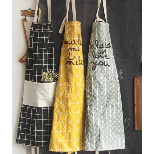 The New Japanese Cotton Home Kitchen Apron Cotton Linen Apron Cute Simple Lace Side Double Pocket