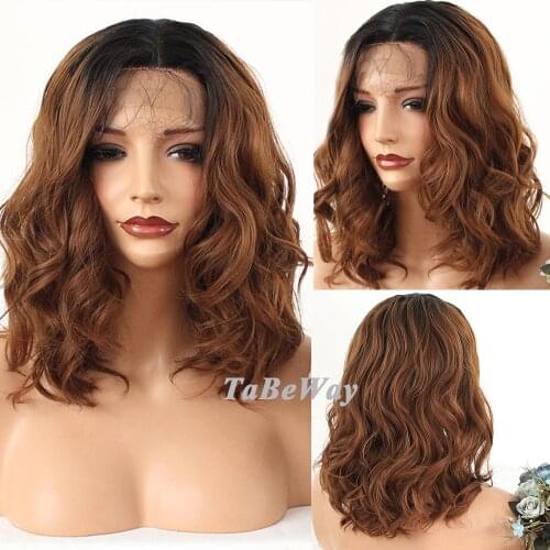 TaBeWay Lace Front Wigs Brown Color Bob Wave Wig Heat Resistant #30 Short Bob Wavy Synthetic Lace Front Wigs for Fashion Women