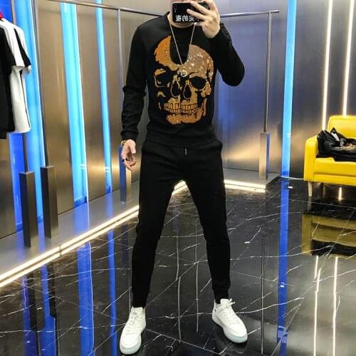 Autumn Winter Warm Pullover New Diamond Exaggerated Big Skull Top + Pants Mens Slim Tracksuit Classic Sets