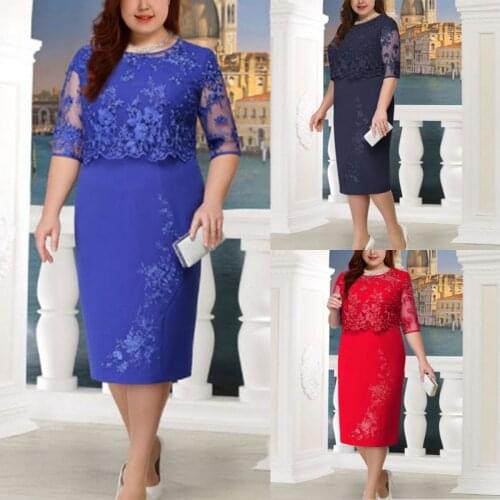 Lace Stitching Fake Two-piece Chubby Plus Size Dress Lady Embroidery Loose Waist O-Neck Half Sleeve Dresses for Women Gothic