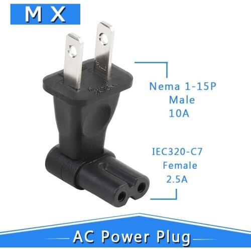 USA 2 Pin Male to IEC 320 C7 Right Angle AC Adapter, Nema 1-15P Male to C7 Angle AC Power Adapter