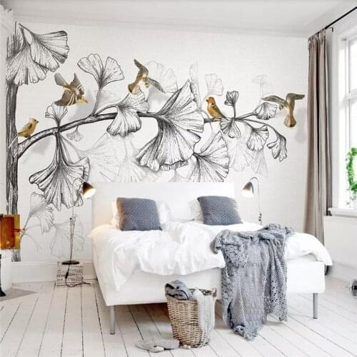 Style black and white sketch ginkgo leaf professional making mural factory wholesale wallpaper mural poster photo wall
