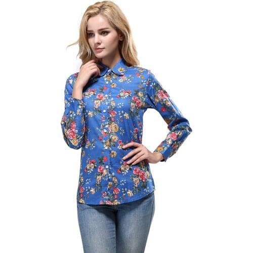 New Korean Style Flower Print Womens Shirts Cotton Long Sleeve Turn Down Collar Cardigan Shirt Casual Female Button Up Blouses