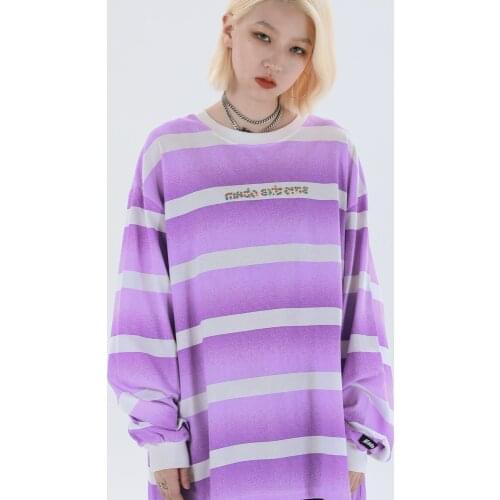 Vintage Retro Stripe Purple Long Sleeve T Shirts Oversized Casual Clothes Sloth Streetwear 2021 Fall Fashion Women Clothing