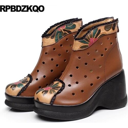 Retro Cut Out Fall Women Ankle Boots 2016 Round Toe Flower Printed Vintage Platform Black Wedge High Heel Autumn Booties Floral