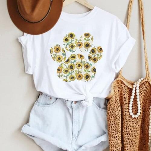 Women Dog Paw Floral Flower 2021 Pet Love Ladies Cartoon Summer Lady Print Tee Graphic T Top Female Tshirts Clothes T-Shirt