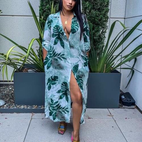 Spring Autumn Dresses Women Turn Down Collar Single Breasted Long Sleeve Green Flower Print Long High Street 2020 Dresses Hot