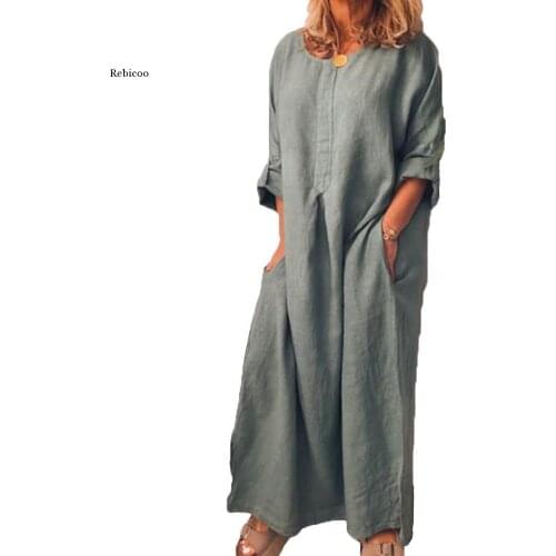 Women Casual Solid Color Oversize Maxi Cotton Linen Long Shirt Kaftan Dress