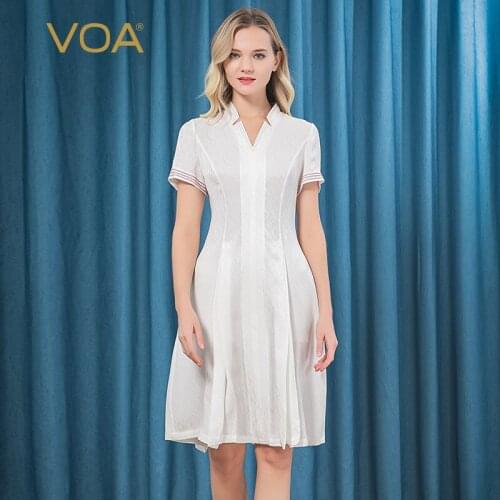 VOA Silk 22 M/m White Dark Jacquard Small V-neck Short-Sleeved Wire Decoration Temperament Cultivation Knee-Length Dress A116