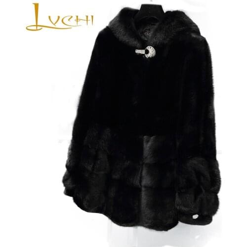 LVCHI Winter 2019 Real Mink Fur Coat Womens Draped Wave Cut Mink Coat Full Pelt With Fur Hood Causal Medium Slim Mink Fur Coats