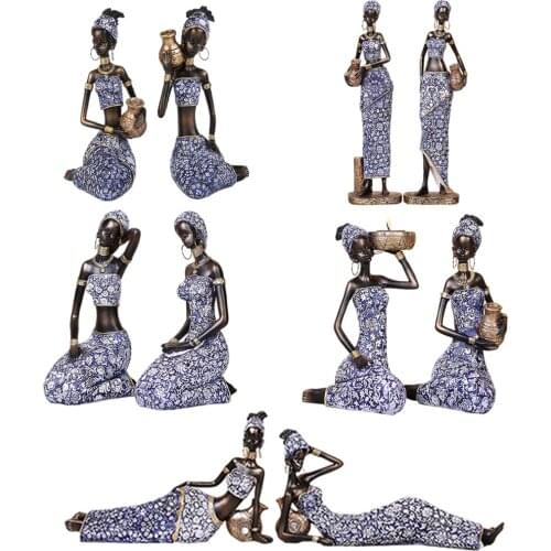 1 Pair Exotic African Lady Figurine Tribal Handpainted Resin Female Statue for Tabletop Bookshelf Wine Cabinet