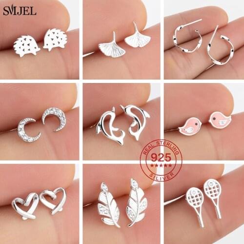 100% 925 Sterling Silver Earring For Women Lovely Triangle Pink Bird Hedgehog Mouse Earring Crystal Leaf Jewelry Pendientes 925