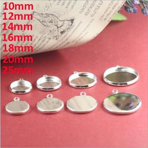 200pc Brass 10mm,12mm,14mm,16mm,18mm,20mm 25mmmSilver Plated Blank Pendant Trays Bases Cameo Cabochon Setting for Glass/Stickers