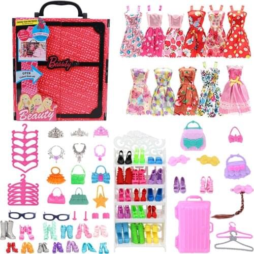 55Pcs/Set Doll Clothes Accessories=Wardrobe+Shoe Rack+Trunk+ Dress+Shoes+Necklace+Handbag+Glasses+Hanger For Barbies Doll
