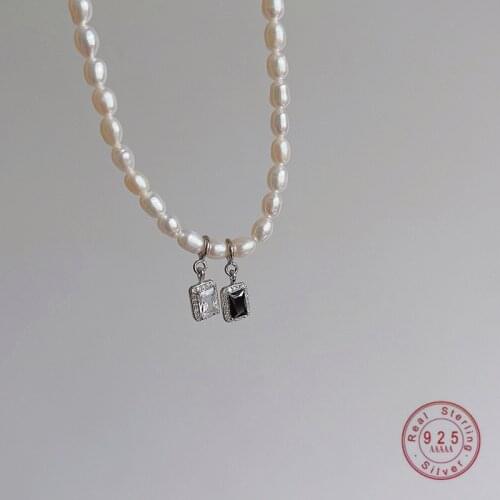 HI MAN 925 Sterling Silver Natural Freshwater Pearl Square Crystal Pendant Necklace Women Wedding Gift Jewelry