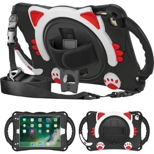 Cute Cat Heavy Duty Protect Handle Silicone Case For iPad Mini 1 2 3 4 5 7.9inch 360 Rotation Kickstand Kids Safe Tablet Cover