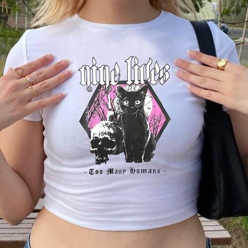 Nine Lives Cat Goth Shirt Cool Death Metal Sphynx Cat Crop Baby Tee Black Metal Witchcraft T-Shirt Women Vintage Punk Style Tee