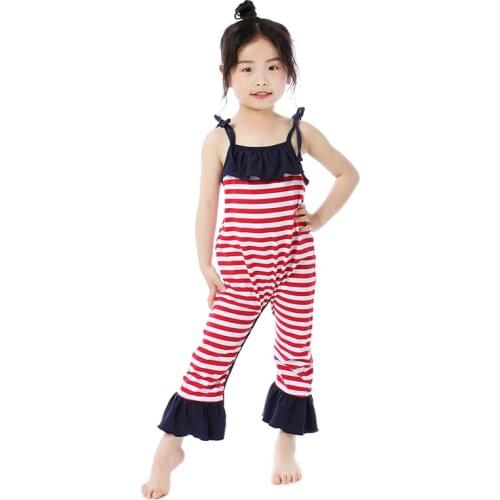 Kaiya Angel Hot Sale 4th of July Newborn Baby Girls Romper Striped Body Solid Ruffle Tollder Cotton Jumpsuit 5pcs/lot Wholesale