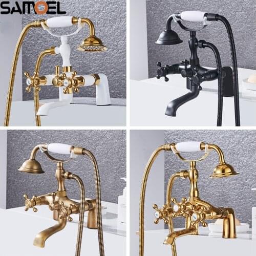 Classic European Vintage Brass Deck Mounted Bath tub Faucet Mixer Dual Handle Luxury White Gold Bathtub Water Tap BF1039