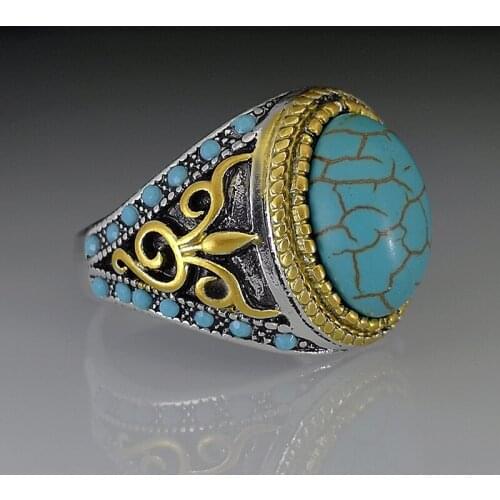 Antique Silver Color Vintage Stone Ring Fashion Natural Turquoises Finger Rings for Women Men Wedding Party Jewelry Gift
