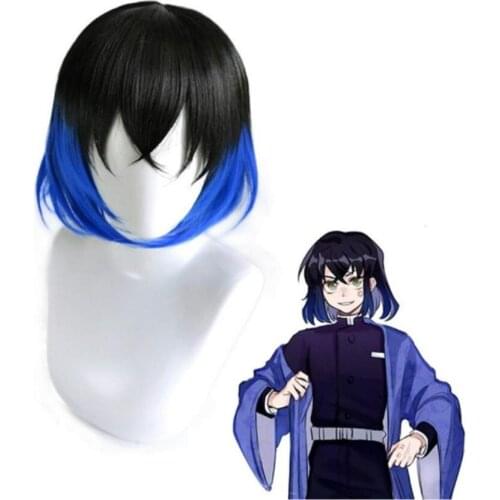 Hashibira Inosuke Short Blue Ombre Wig Demon Slayer Kimetsu no Yaiba Heat Resistant Hair Cosplay Costume Wigs + Free Wig Cap