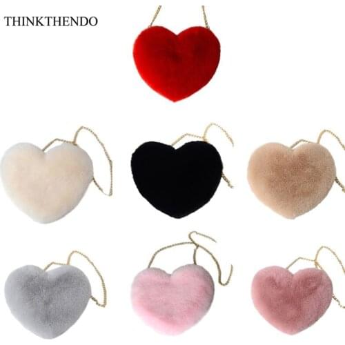 Womens Heart Shaped Faux Fur Crossbody Wallet Purse Chain Shoulder Bag