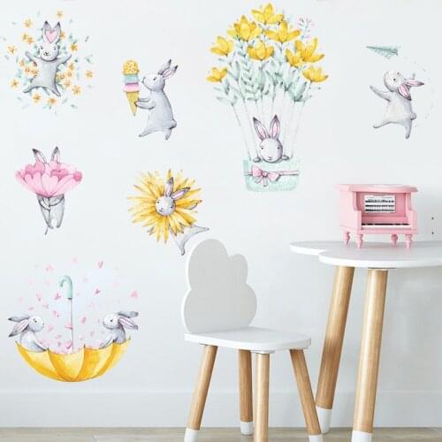 Cartoon Bunny Flowers Wall Stickers Kids Room Baby Bedroom Home Decor Wall Decals Room Decoration PVC Cute Animal Sticker Muraux