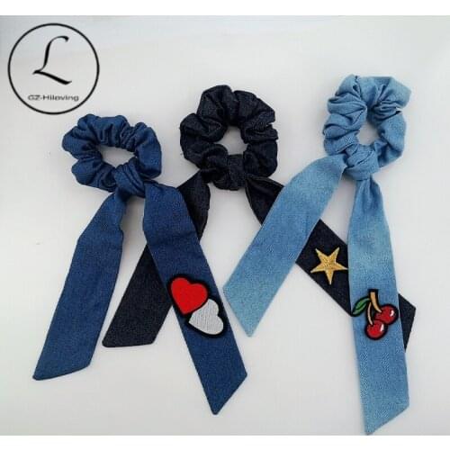 Denim Hair Tie Solid Color Cotton Elastic Band Women Girls Ponytail with Applique Accessories Big Bow Headband