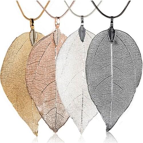 Women Hollow Leaf Pendant Natural Real Tree Leaf Cutout Real Gold Plated Long Chain Necklace Fashion Jewelry Accessory Gift