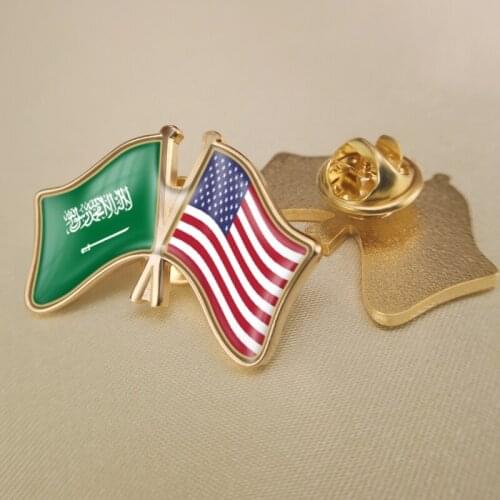 Saudi Arabia and United States Crossed Double Friendship Flags Lapel Pins Brooch Badges