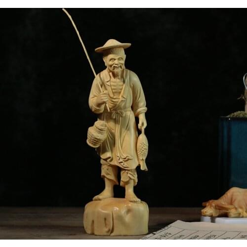 Boxwood 21cm Fisherman Sculpture Fishing Elder Wood Statue Lucky Carving Home Decor