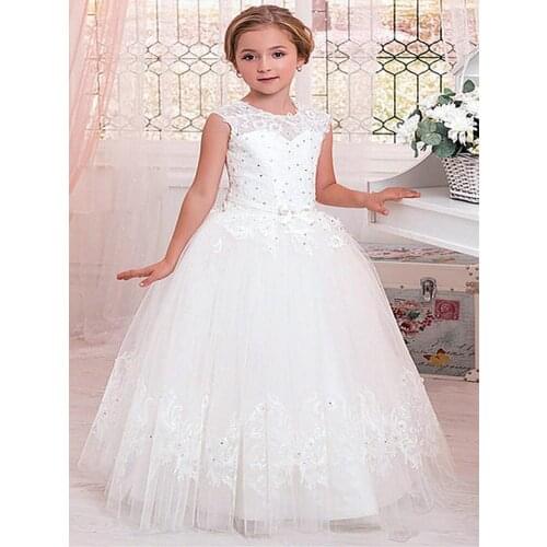 Stylish White Flower Girls Dress for Wedding Party High Neck Baptism Gowns Tulle Full Sleeve Appliques Kid Holy Communion Gown