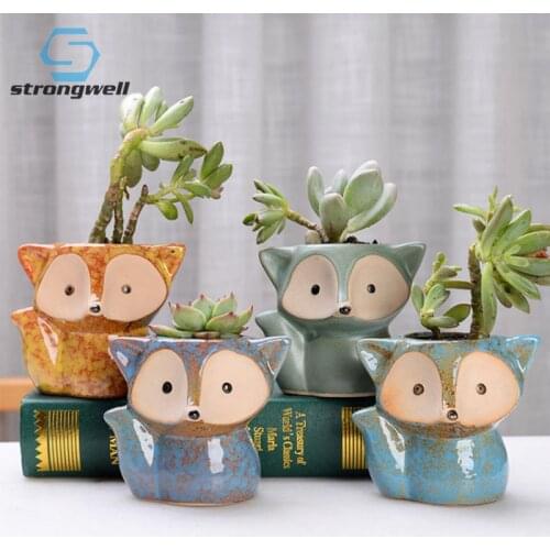 Strongwell Fairy Garden Flower Pots Decoration Ceramic Fox Miniature Model Succulent Flower Pot Planter Desktop Decorations