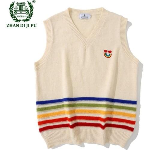 Vintage Rainbow Stripes Sweater Vest Mens Fashion Streetwear Korean V-neck Casual Loose Knitted Sweater Pullover Unisex Clothes