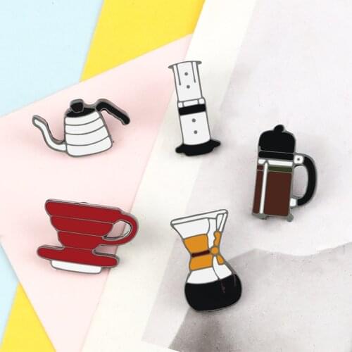 Vintage Coffee Cup Brooches Teapot Filter Cup Enamel Pin Shirt Bag Jackets Lapel Pins Badges Fashion Jewelry Gift for Women Men