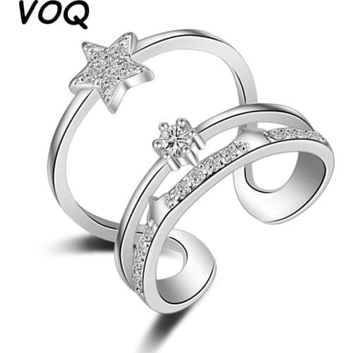 VOQ 925 Sterling Silver Multi-layer CZ Zircon Star Ring for Women Anillos Resizable Rings Bague