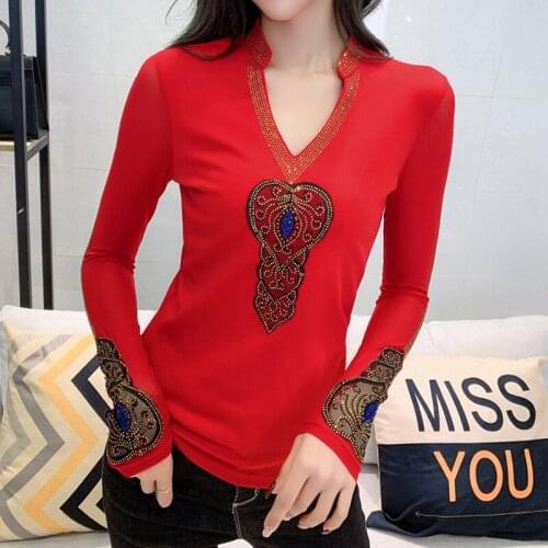 Women T-shirt Long-Sleeve 2021 New Arrival Spring And Autumn Sexy Slim Diamond Net Yarn V-neck Female T-shirt Korean Style c55