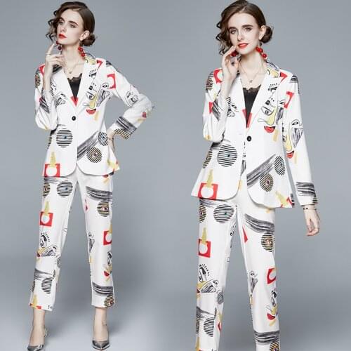 New Spring Fall 2 Piece 2pcs Womens Sets Vintage Floral Print Lapel Neck Long Sleeve Top Coat Pants Tracksuits Outfits Workwear