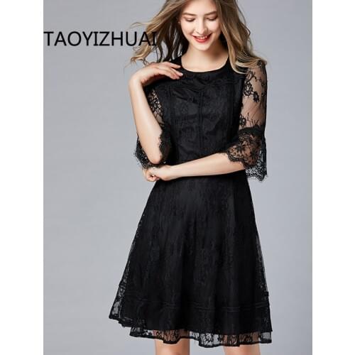 TAOYIZHAI Summer new hot sale lace women dress A-line Above knee high street style o neck slim elegant vestidos for women 16288