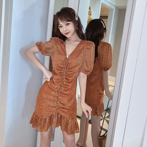 Women Dresses Summer 2021 Sexy V Neck Flower Print Boho Bandage Dress Ruffle Short Sleeve Ruched Mini Dress Corset Sundress Robe