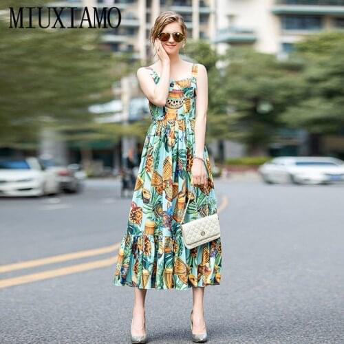 MIUXIMAO 2020 Runway Designer Spring Dress drum Flower Women Print Elegant Casual beach dress Long Dress Women vestidos